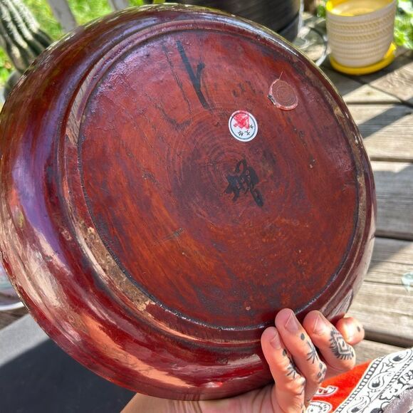 Set of 2 Wax Stamped Vintage Asian Hand Painted Floral Wooden Plates - Picture 7 of 16